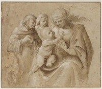 A 012 recto
<br/>
Madonna en Kind met een monnik en een engel
<br/>
<em>Meester van Santo Spirito (werkz. c. 1495-1515) - toegeschreven aan</em>